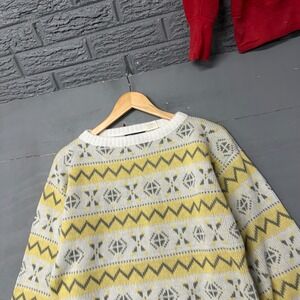 Van Cort Vintage Fair Isle Geometric Knit Sweater Yellow Grey Mens Medium
